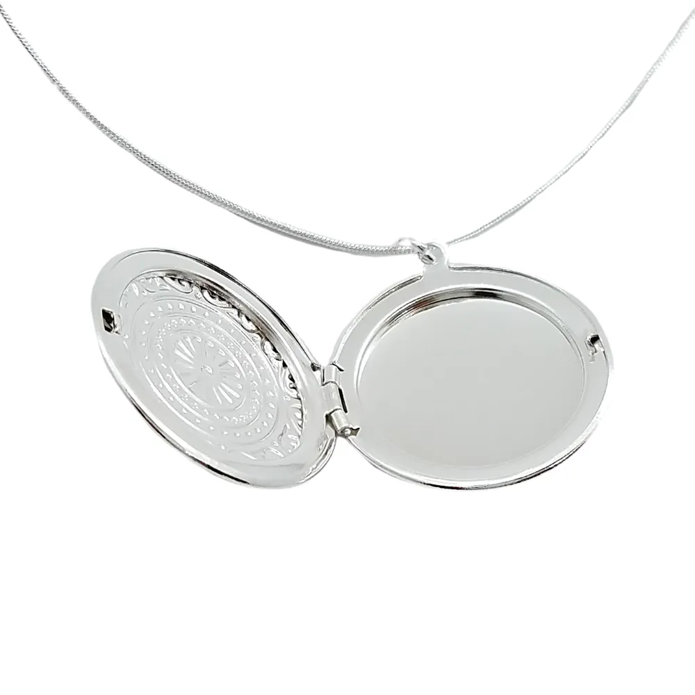 Round Embossed Sterling Silver Locket Necklace for Woman