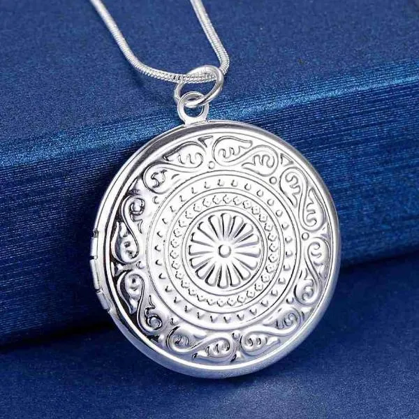 Round Embossed Sterling Silver Locket Necklace for Woman