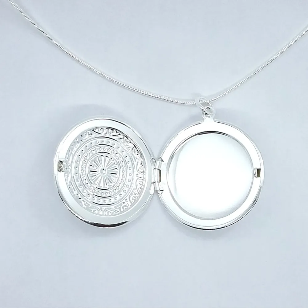 Round Embossed Sterling Silver Locket Necklace for Woman