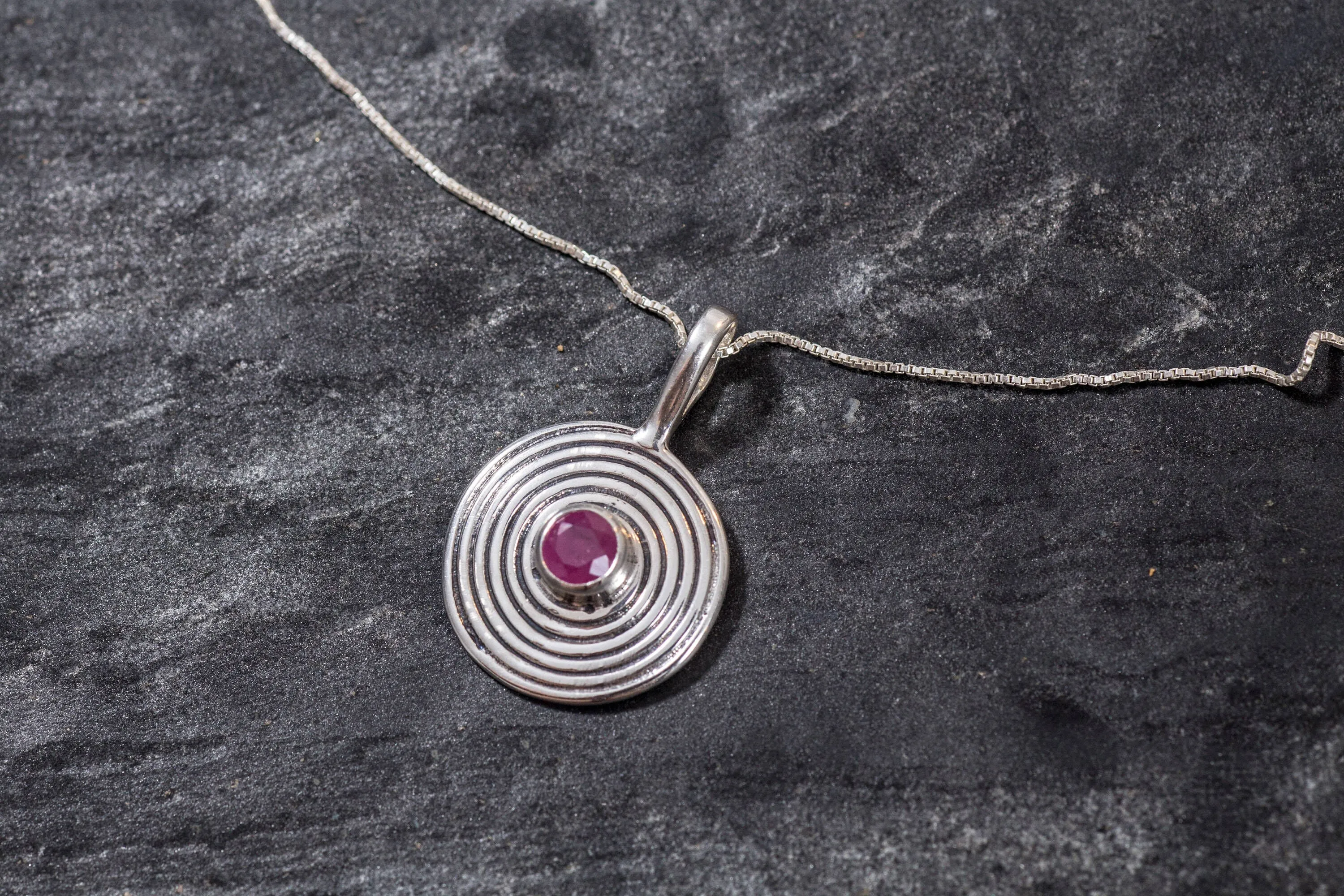 Round Ruby Necklace - Genuine Ruby Pendant - Red Spiral Necklace