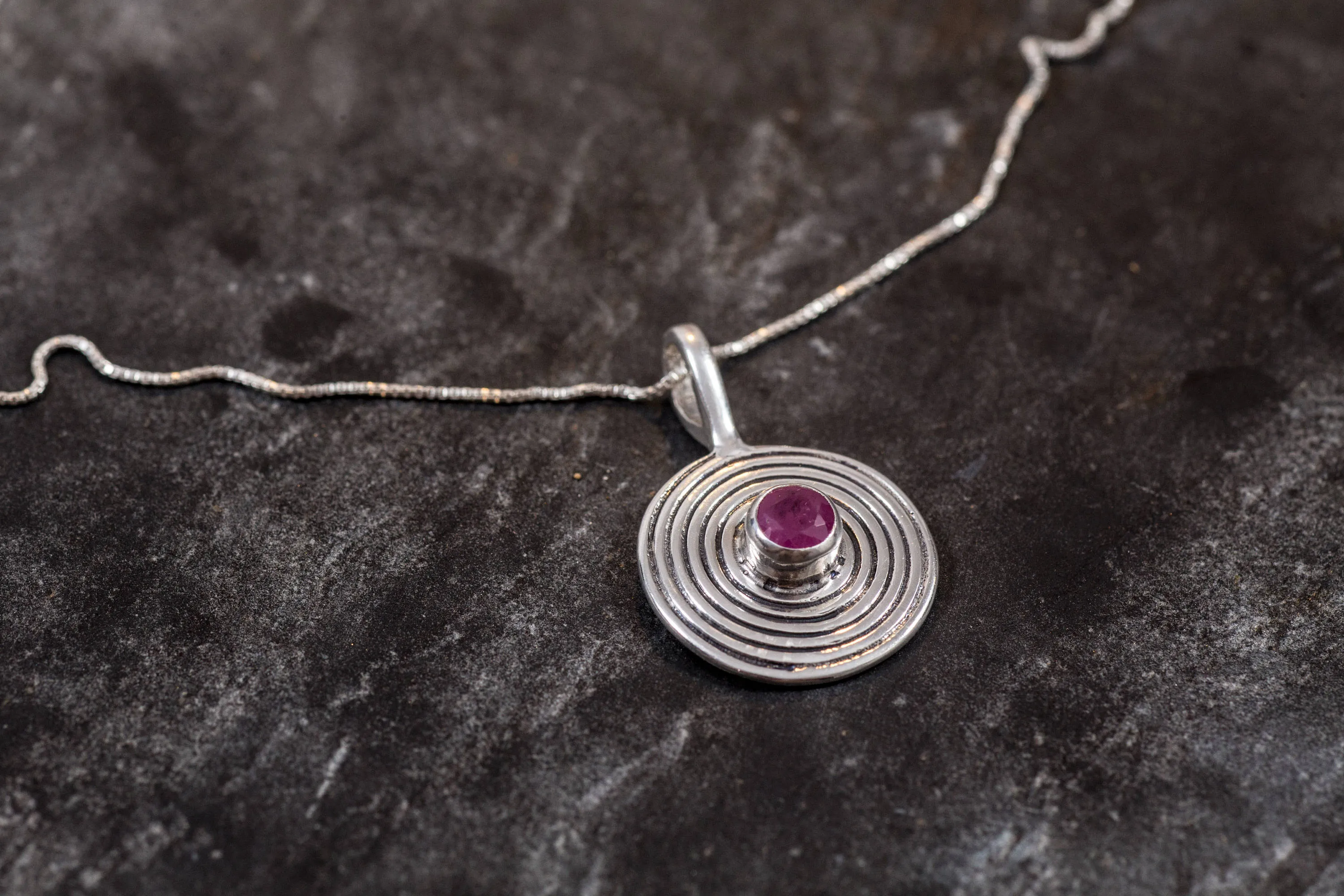 Round Ruby Necklace - Genuine Ruby Pendant - Red Spiral Necklace