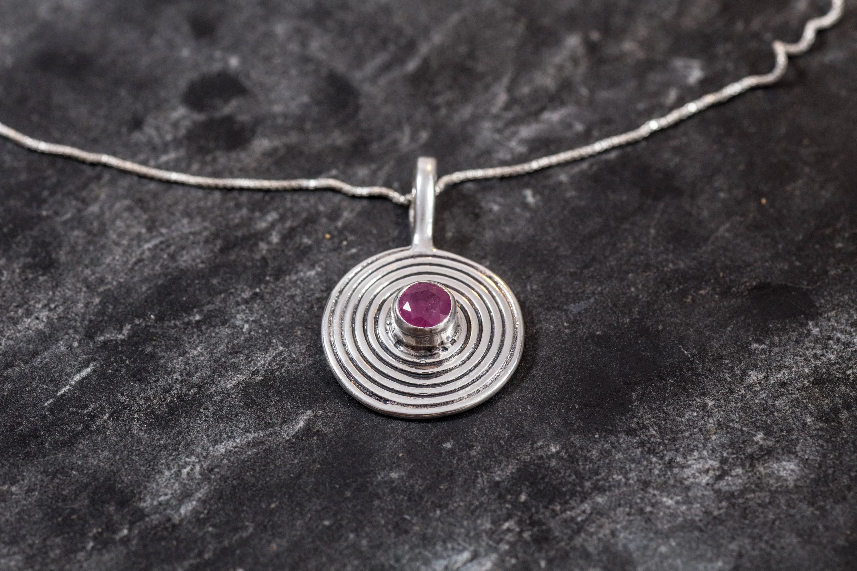 Round Ruby Necklace - Genuine Ruby Pendant - Red Spiral Necklace