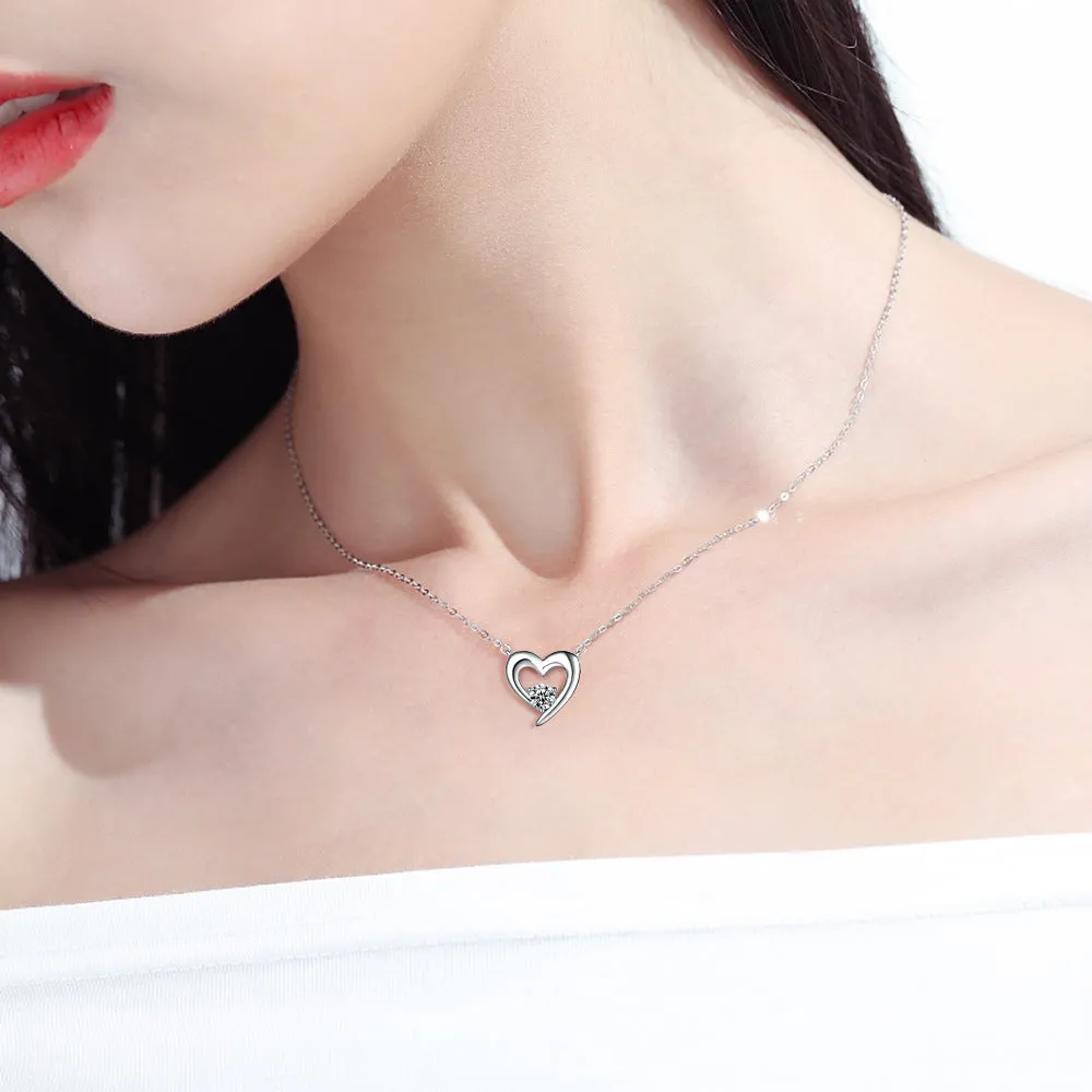 Round Zircon Heart-shaped Pendant Silver Necklace for Women