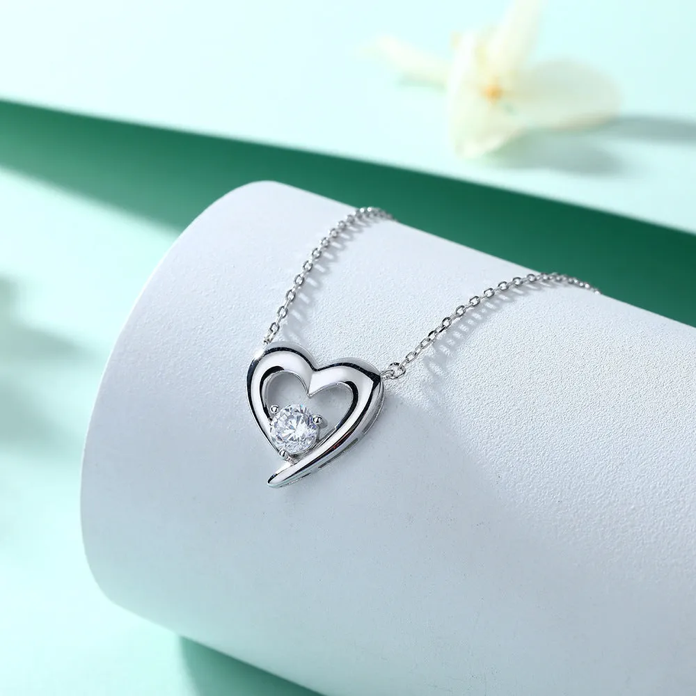 Round Zircon Heart-shaped Pendant Silver Necklace for Women