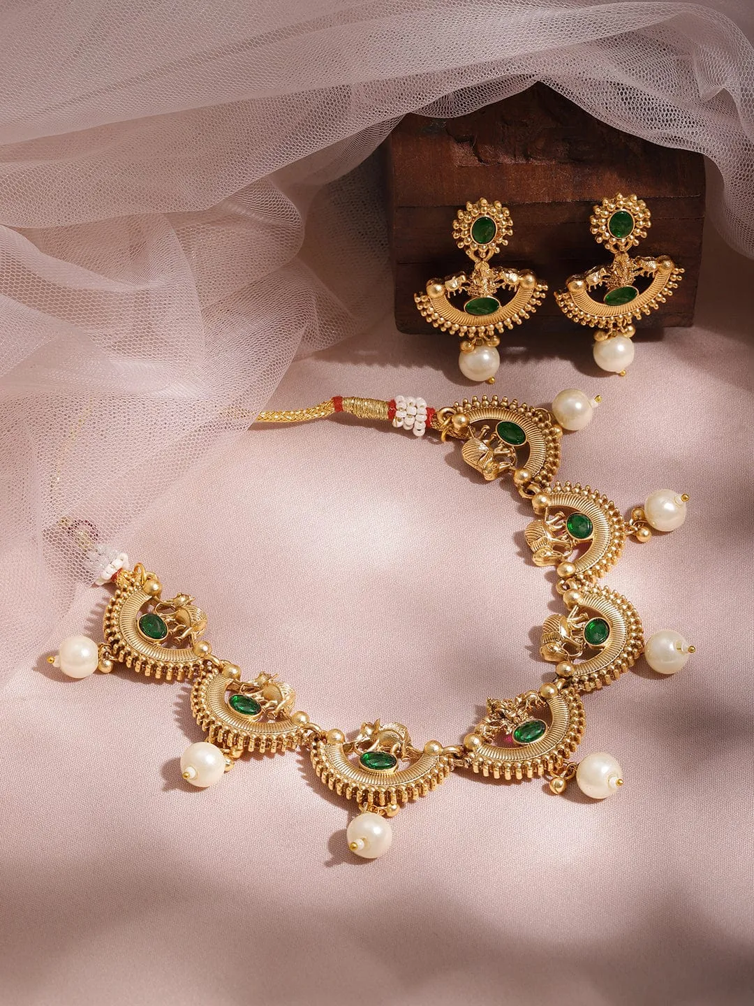 Rubans 22K Gold-Plated Emerald Green & Pearl Beaded Statement Necklace Set with Earrings