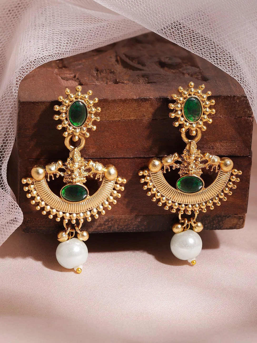 Rubans 22K Gold-Plated Emerald Green & Pearl Beaded Statement Necklace Set with Earrings