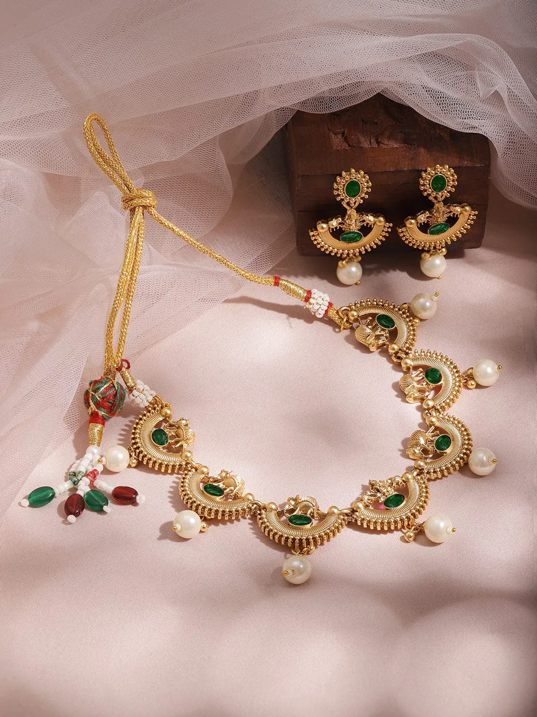 Rubans 22K Gold-Plated Emerald Green & Pearl Beaded Statement Necklace Set with Earrings