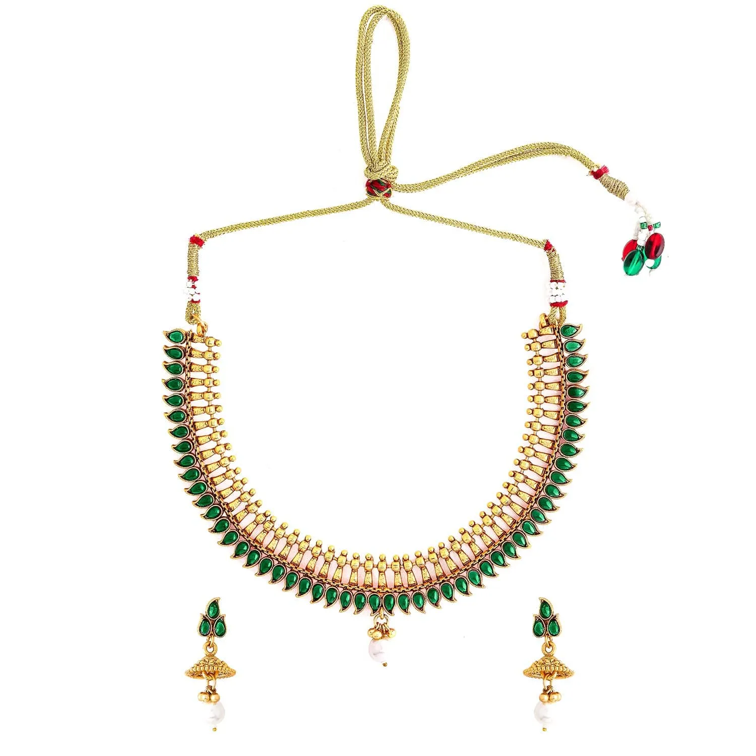 Rubans 22K Gold-Plated Emerald Green Stone & Pearl Drop Traditional Jewellery Set