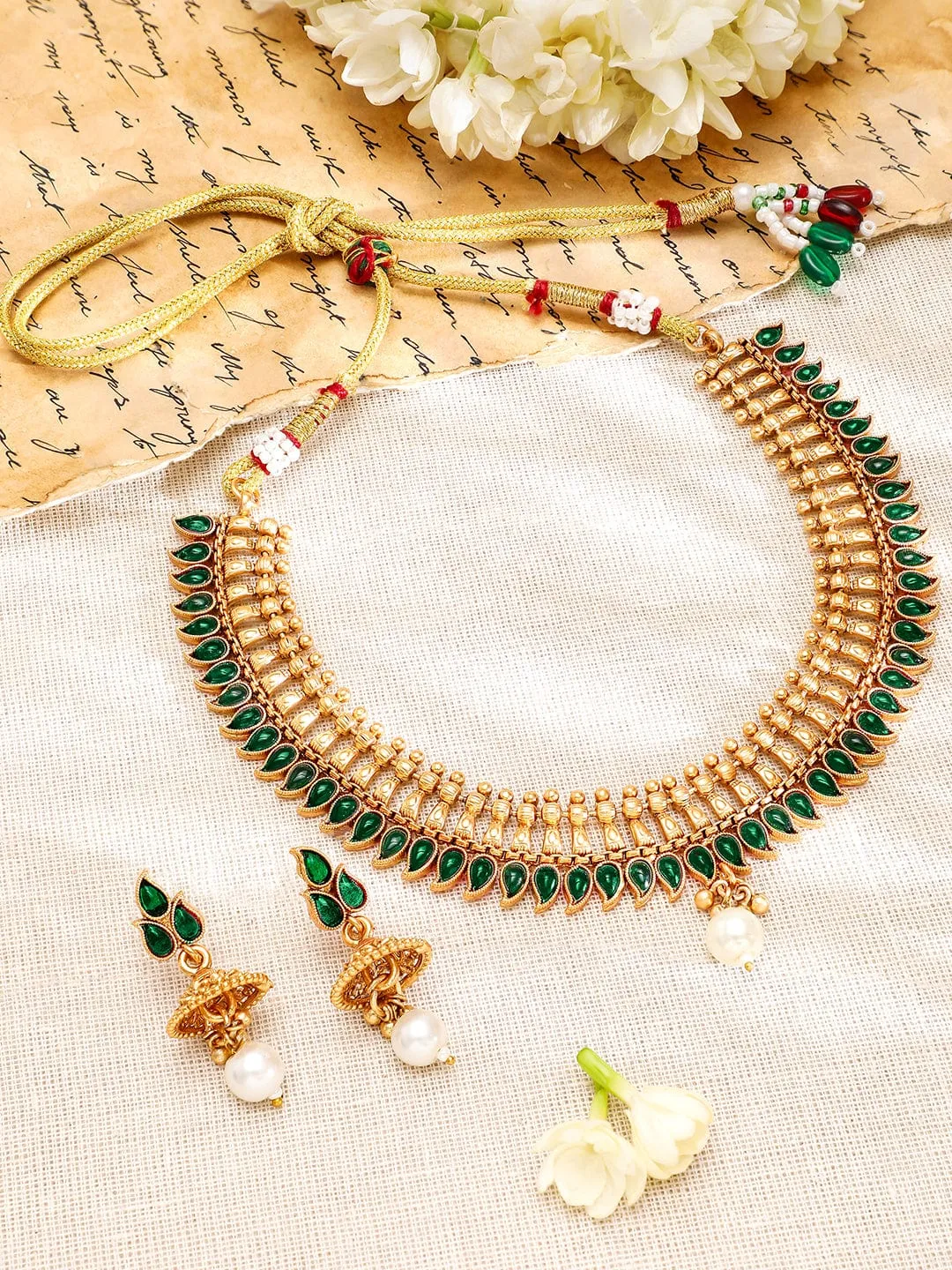 Rubans 22K Gold-Plated Emerald Green Stone & Pearl Drop Traditional Jewellery Set