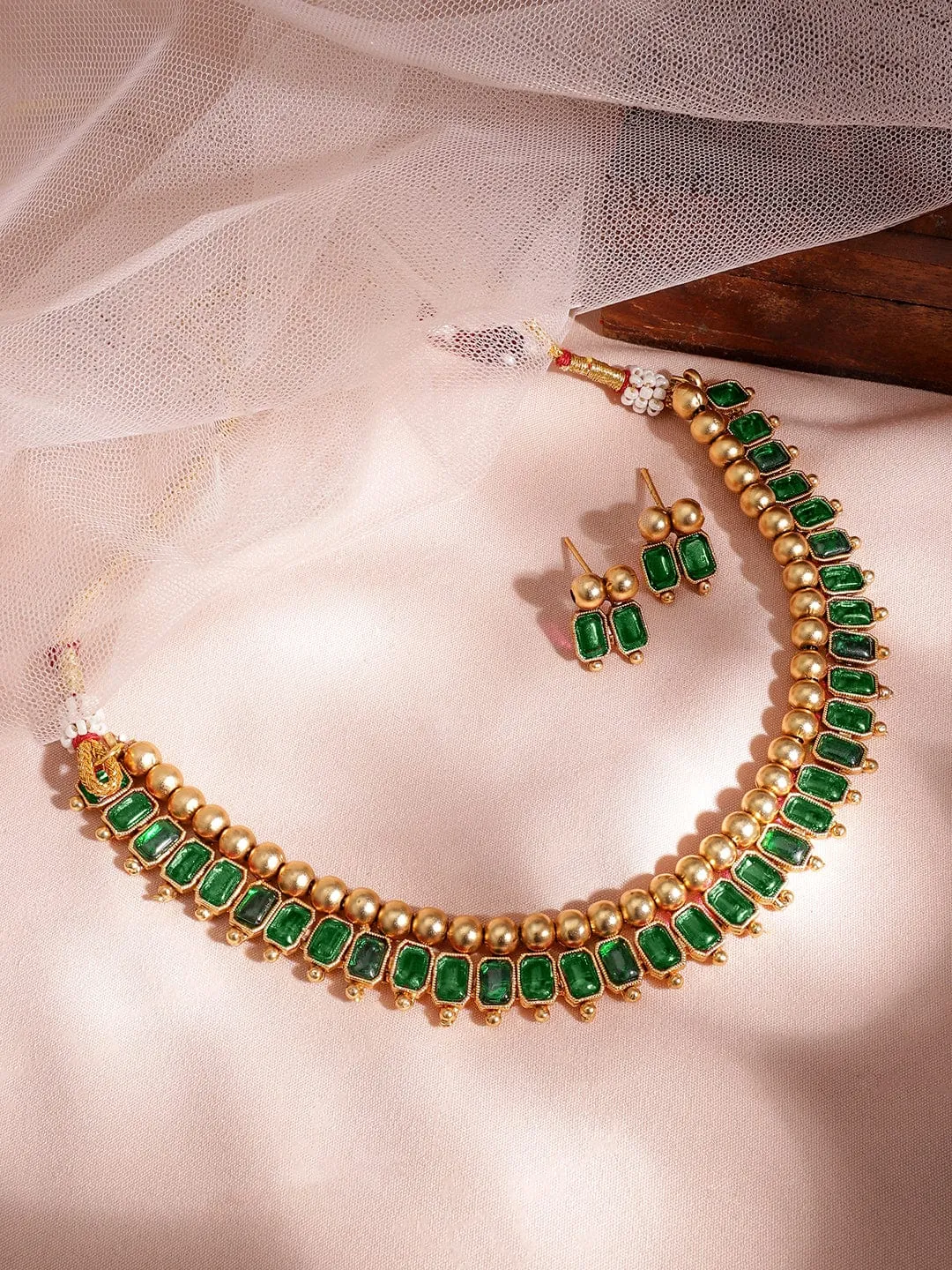 Rubans 22K Gold-Plated Emerald Green Stone Studded Traditional Necklace Set