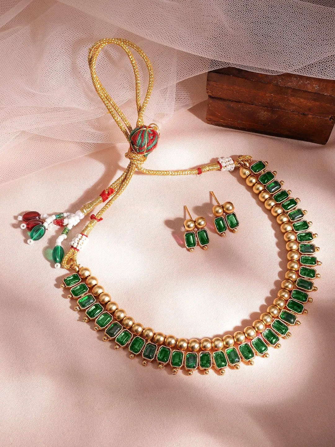 Rubans 22K Gold-Plated Emerald Green Stone Studded Traditional Necklace Set