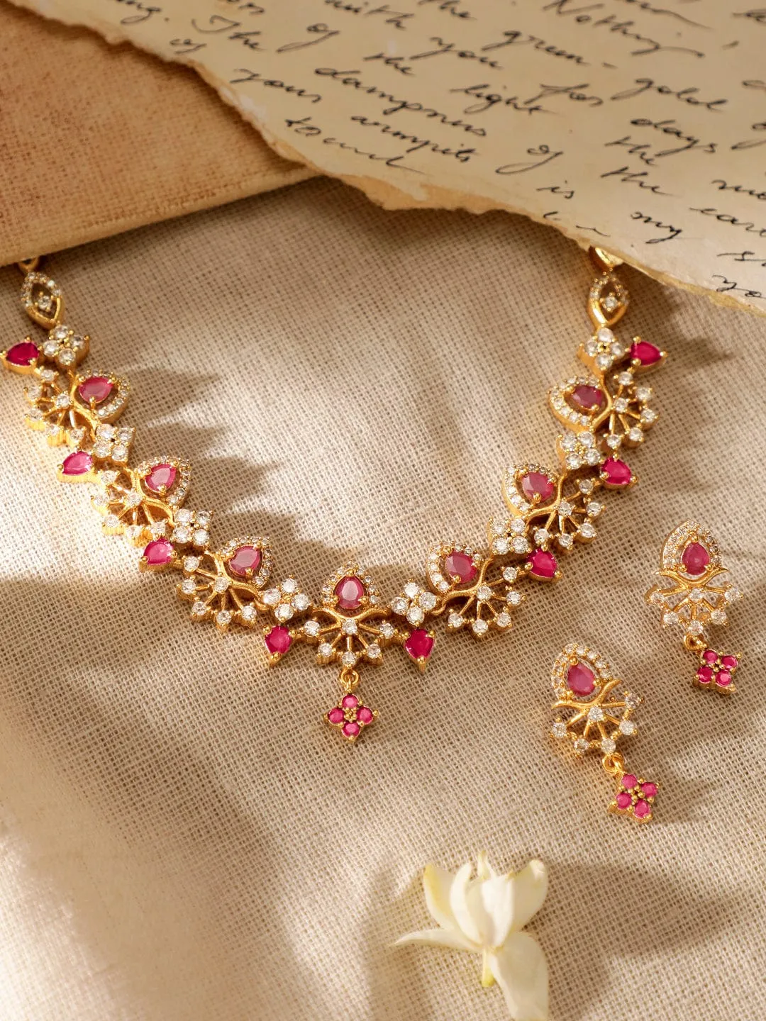 Rubans 22K Gold Plated Ruby & Cubic Zirconia Studded Jewellery Set