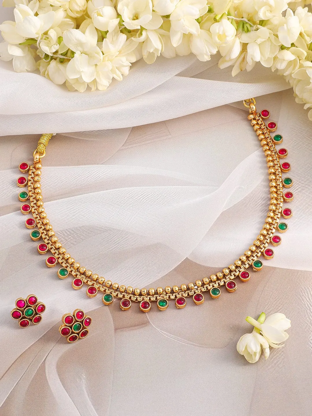 Rubans 22K Gold-Plated Ruby & Emerald Stone Studded Jewellery Set