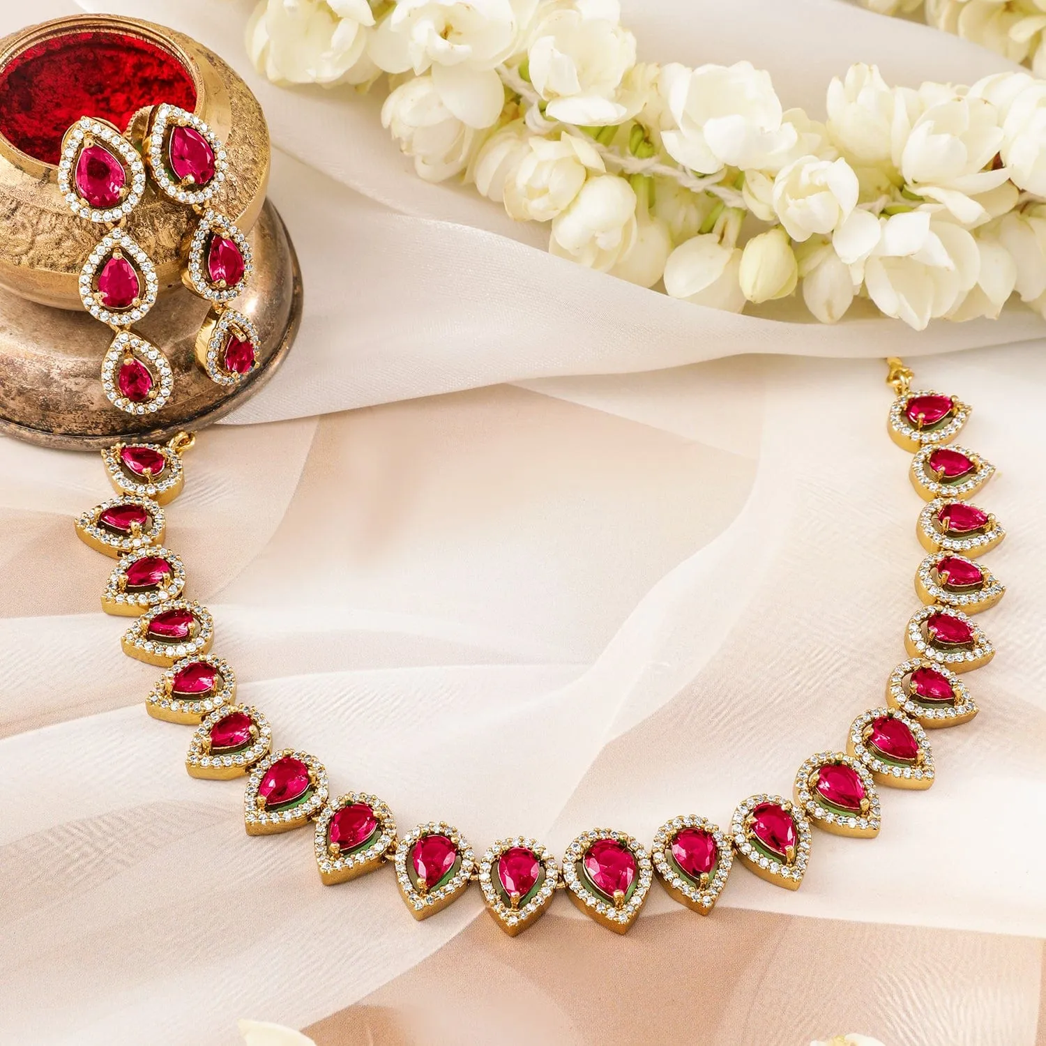 Rubans 22K Gold-Plated Ruby Pink Stones & White Cubic Zirconia Handcrafted Necklace Set