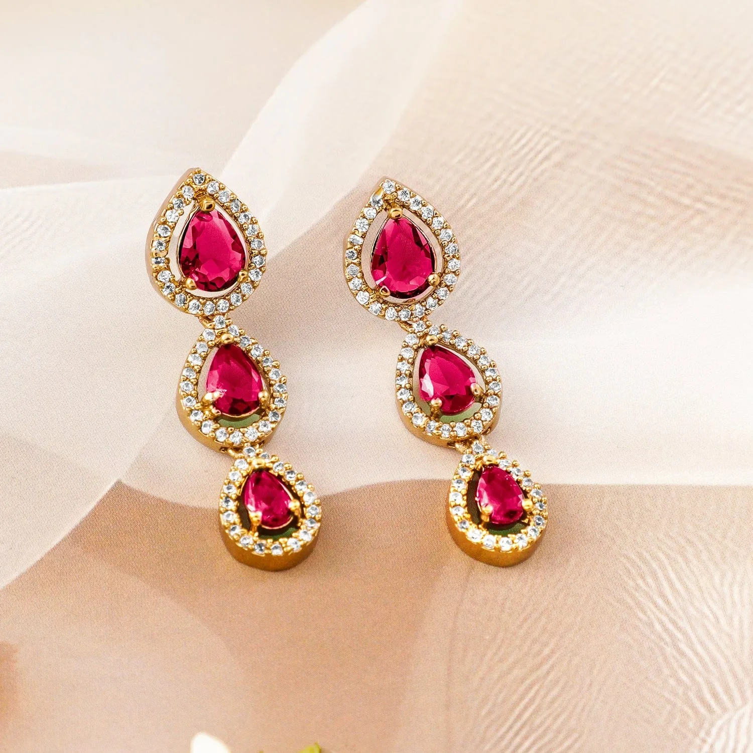 Rubans 22K Gold-Plated Ruby Pink Stones & White Cubic Zirconia Handcrafted Necklace Set