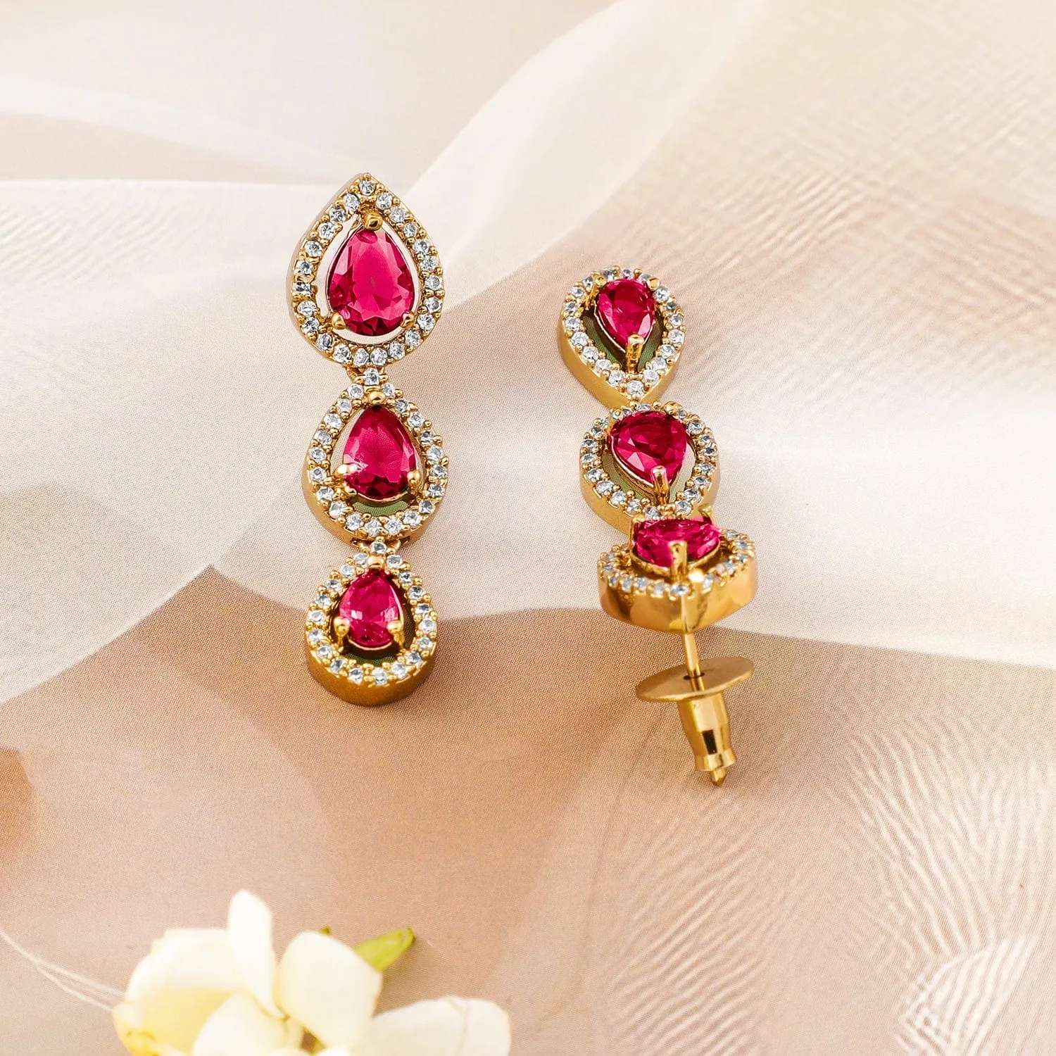 Rubans 22K Gold-Plated Ruby Pink Stones & White Cubic Zirconia Handcrafted Necklace Set