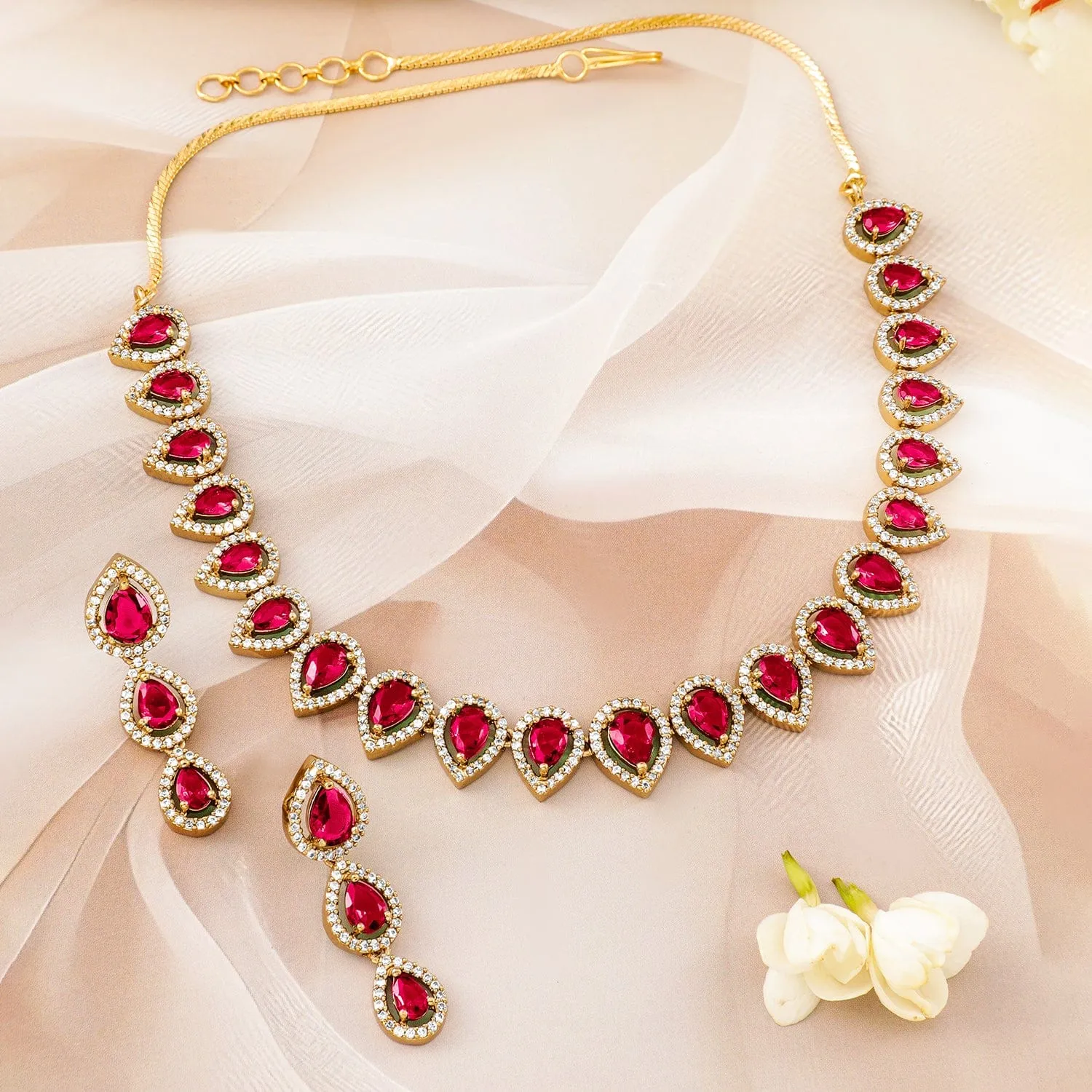 Rubans 22K Gold-Plated Ruby Pink Stones & White Cubic Zirconia Handcrafted Necklace Set