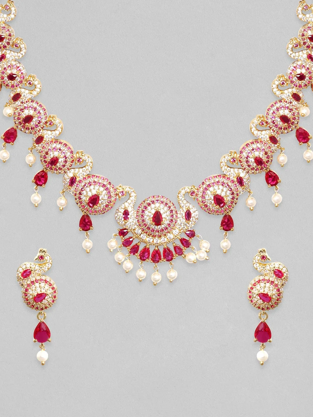 Rubans 22K Gold Plated Ruby Zircon Pearl Beaded Necklace Set