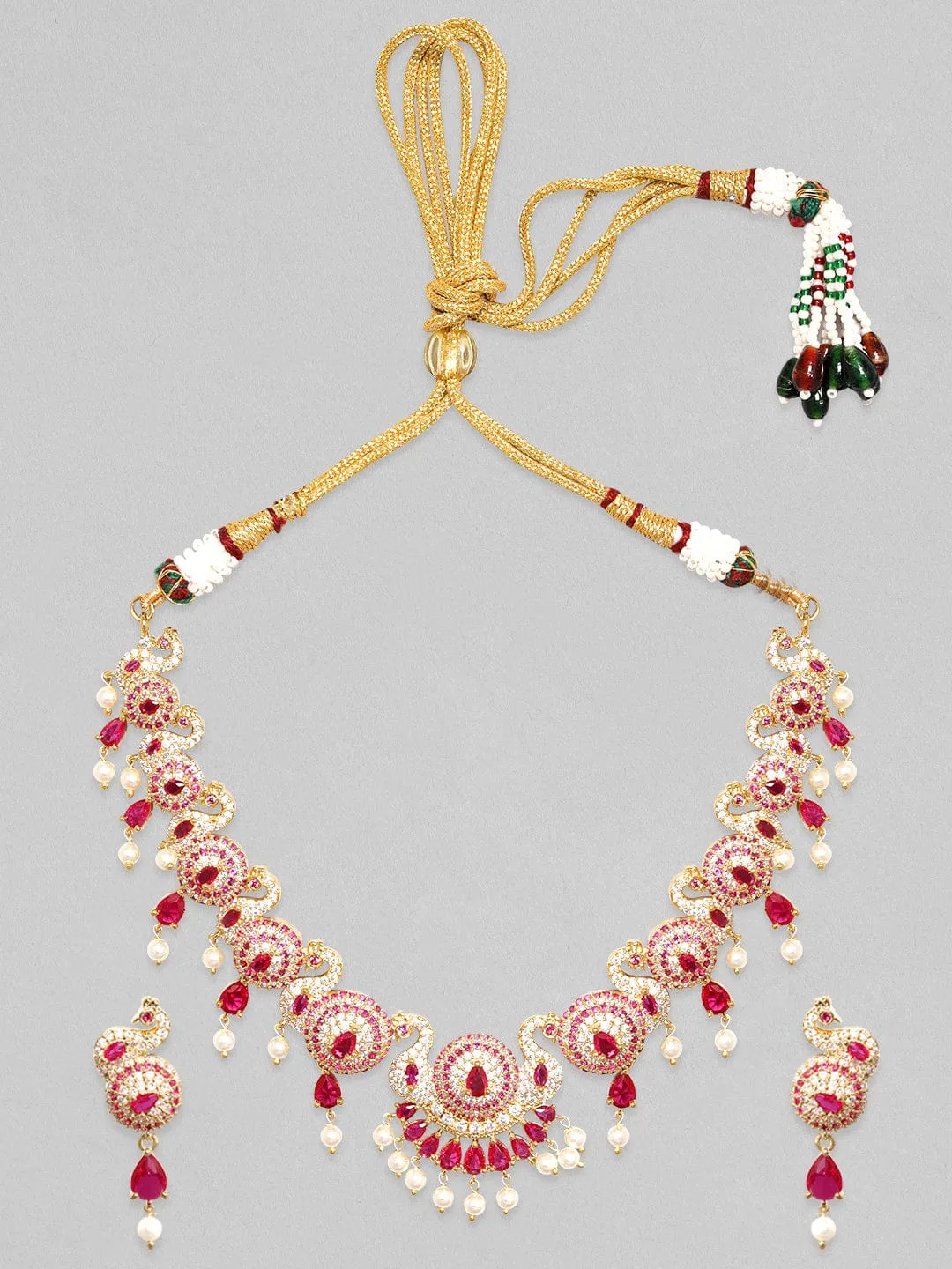 Rubans 22K Gold Plated Ruby Zircon Pearl Beaded Necklace Set