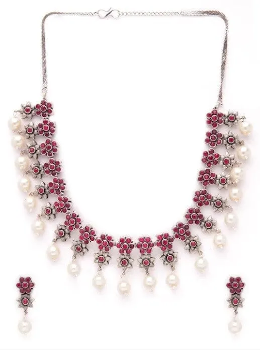 Rubans Oxidised Silver Plated Embellished With Faux Ruby Floral Necklace Set