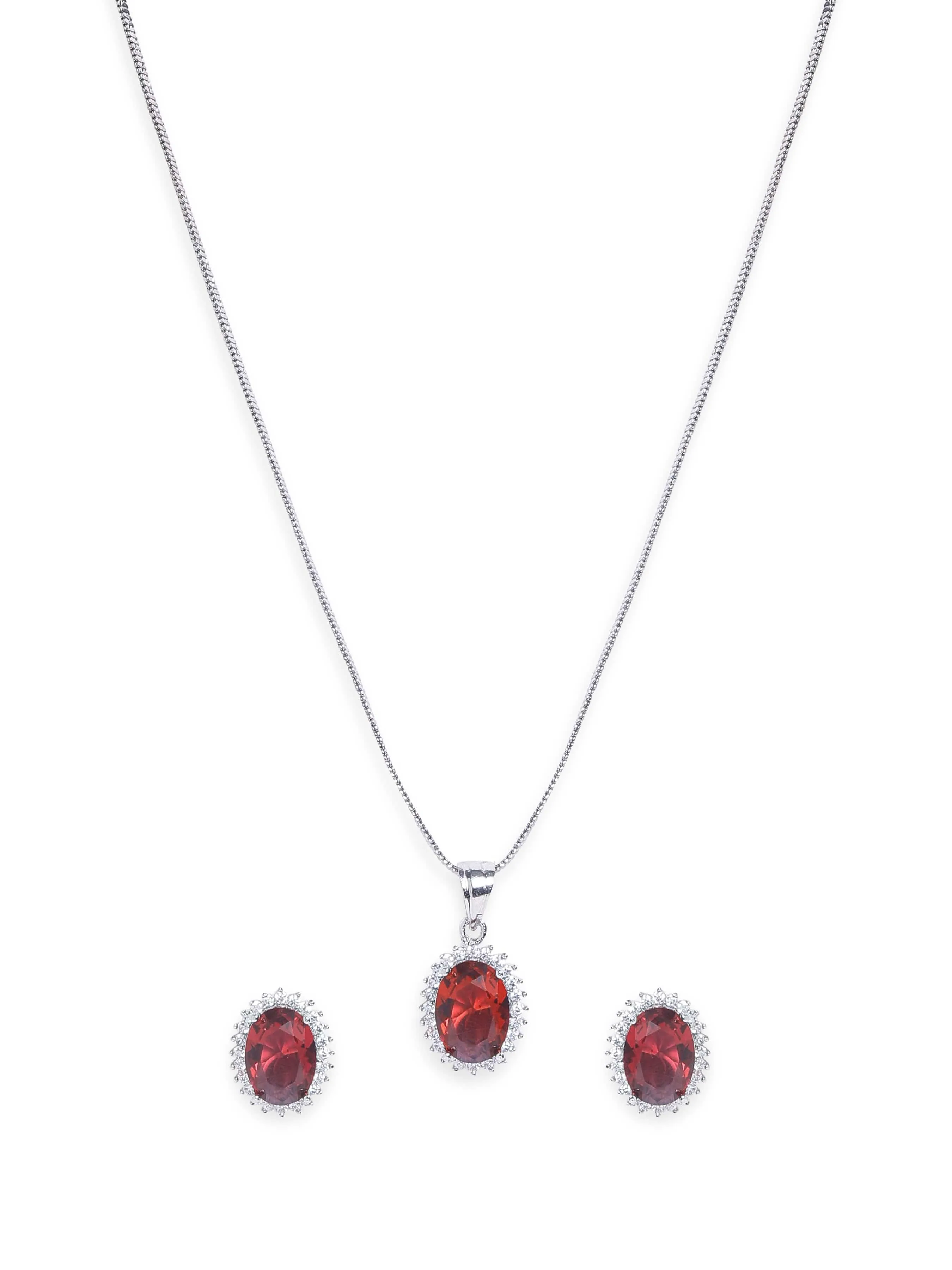 Rubans Rhodium plated Ruby Red zirconia Studded Oval Pendant Set