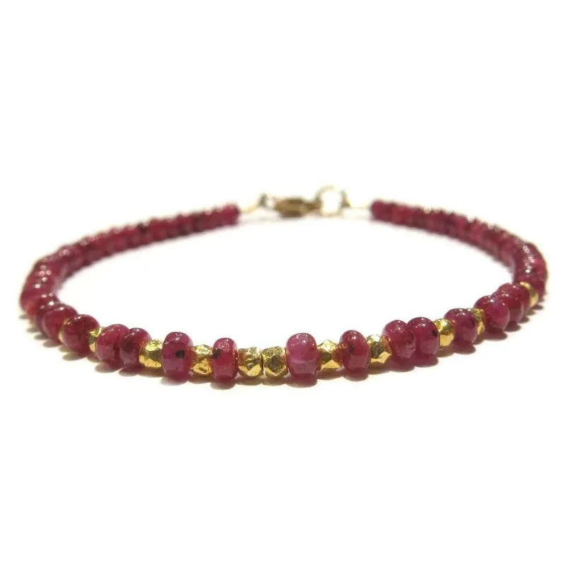 Ruby Bracelet with Faceted Gold Plated Beads and Gold Filled Lobster Claw Clasp