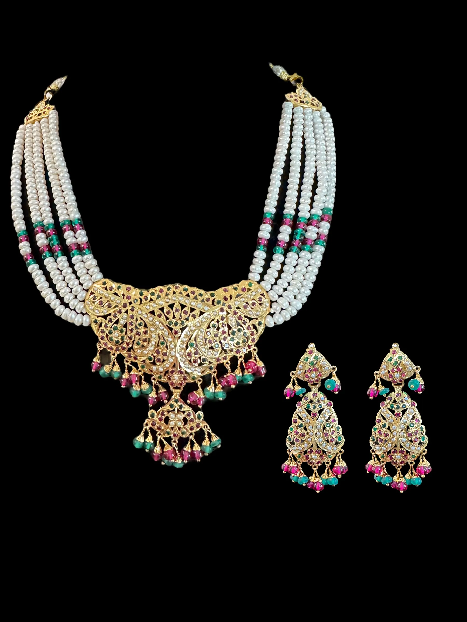 ruby emerald necklace set with fresh water pearls - gold plated silver ( READY TO SHIP )