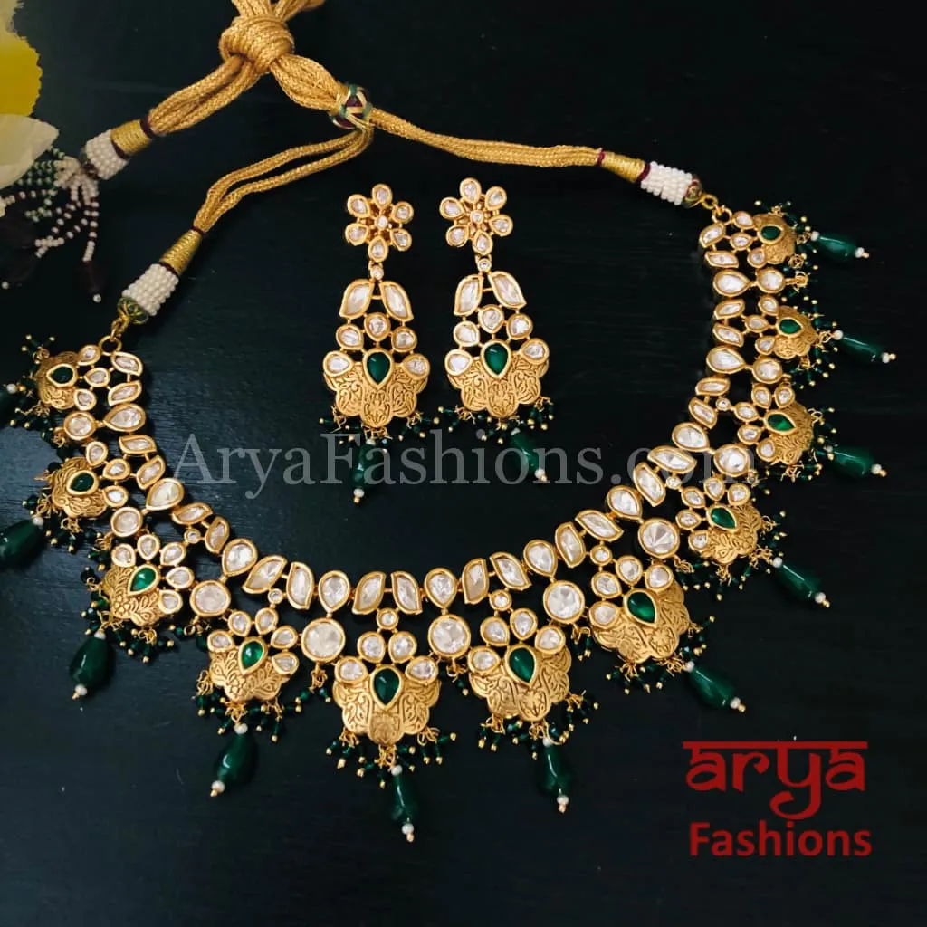 Ruby Green Beads Pacchi Kundan Necklace/ Rajwadi Jadau Meenakari Necklace