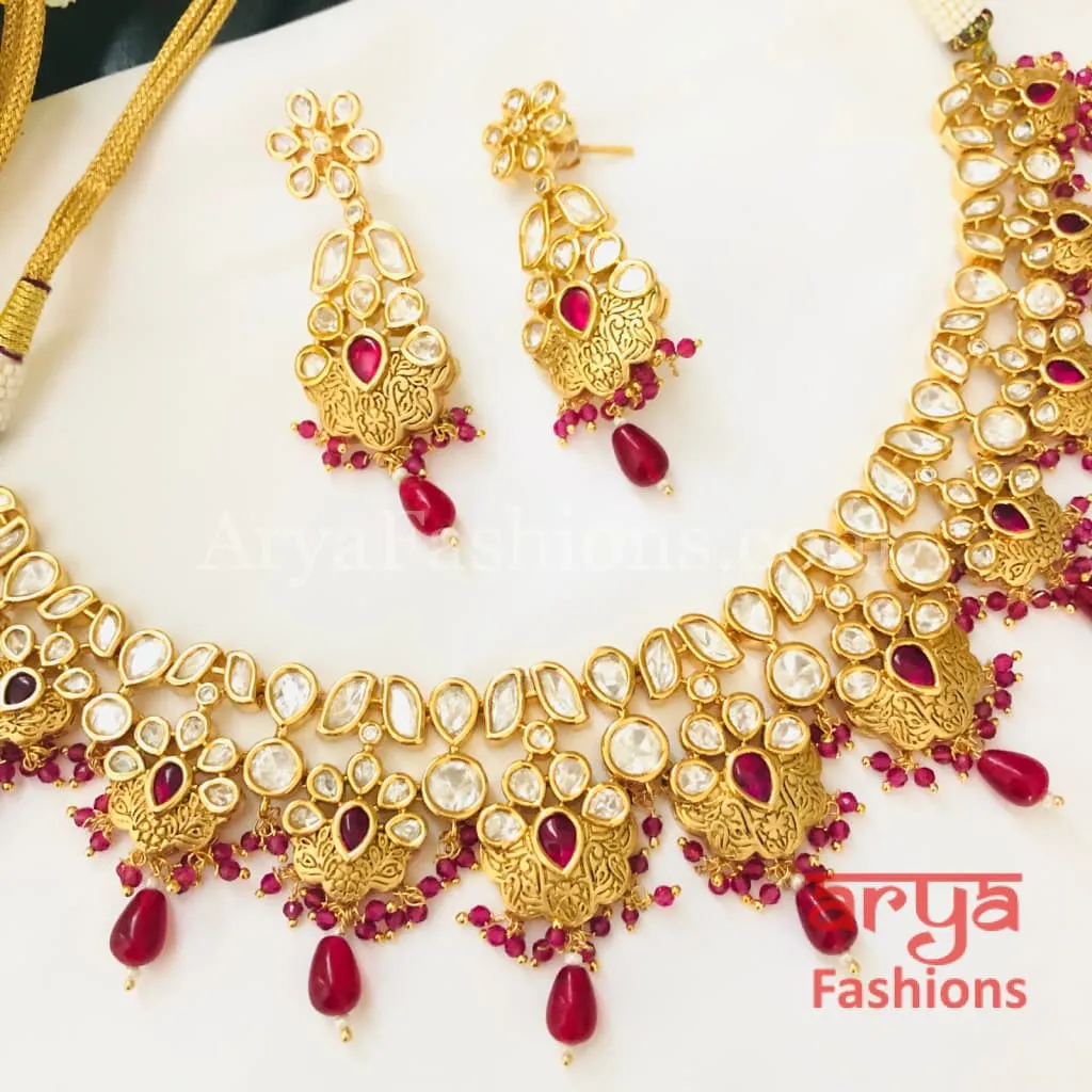 Ruby Green Beads Pacchi Kundan Necklace/ Rajwadi Jadau Meenakari Necklace