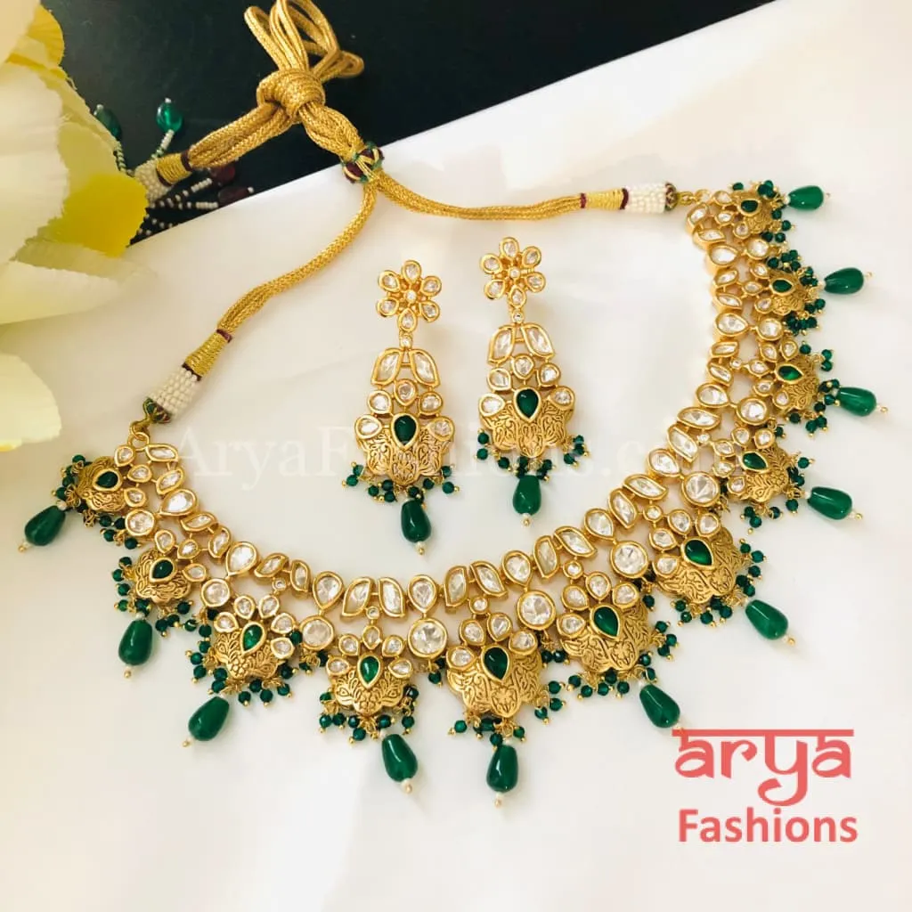 Ruby Green Beads Pacchi Kundan Necklace/ Rajwadi Jadau Meenakari Necklace