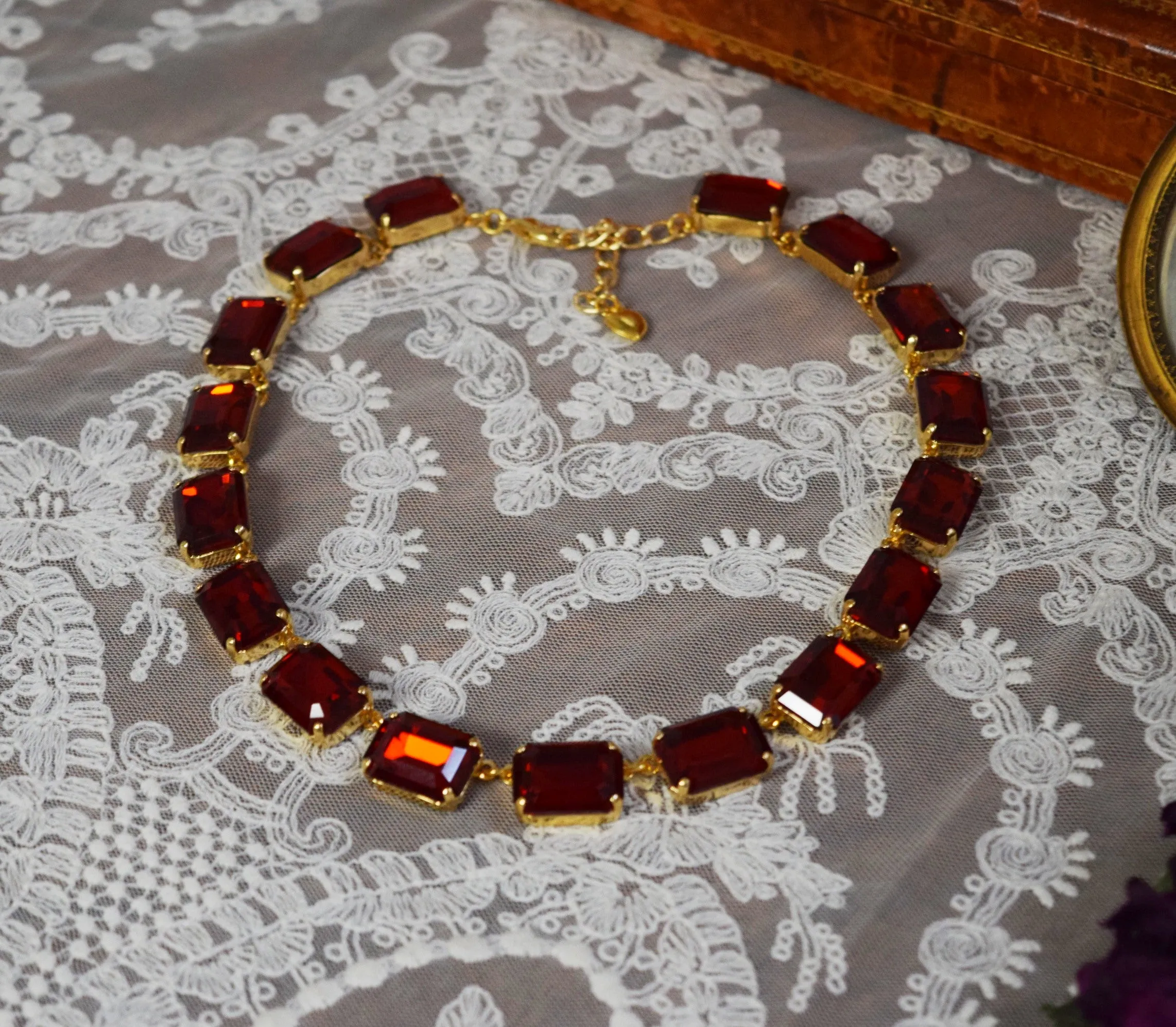 Ruby Red Aurora Crystal Collet Necklace - Large Octagon