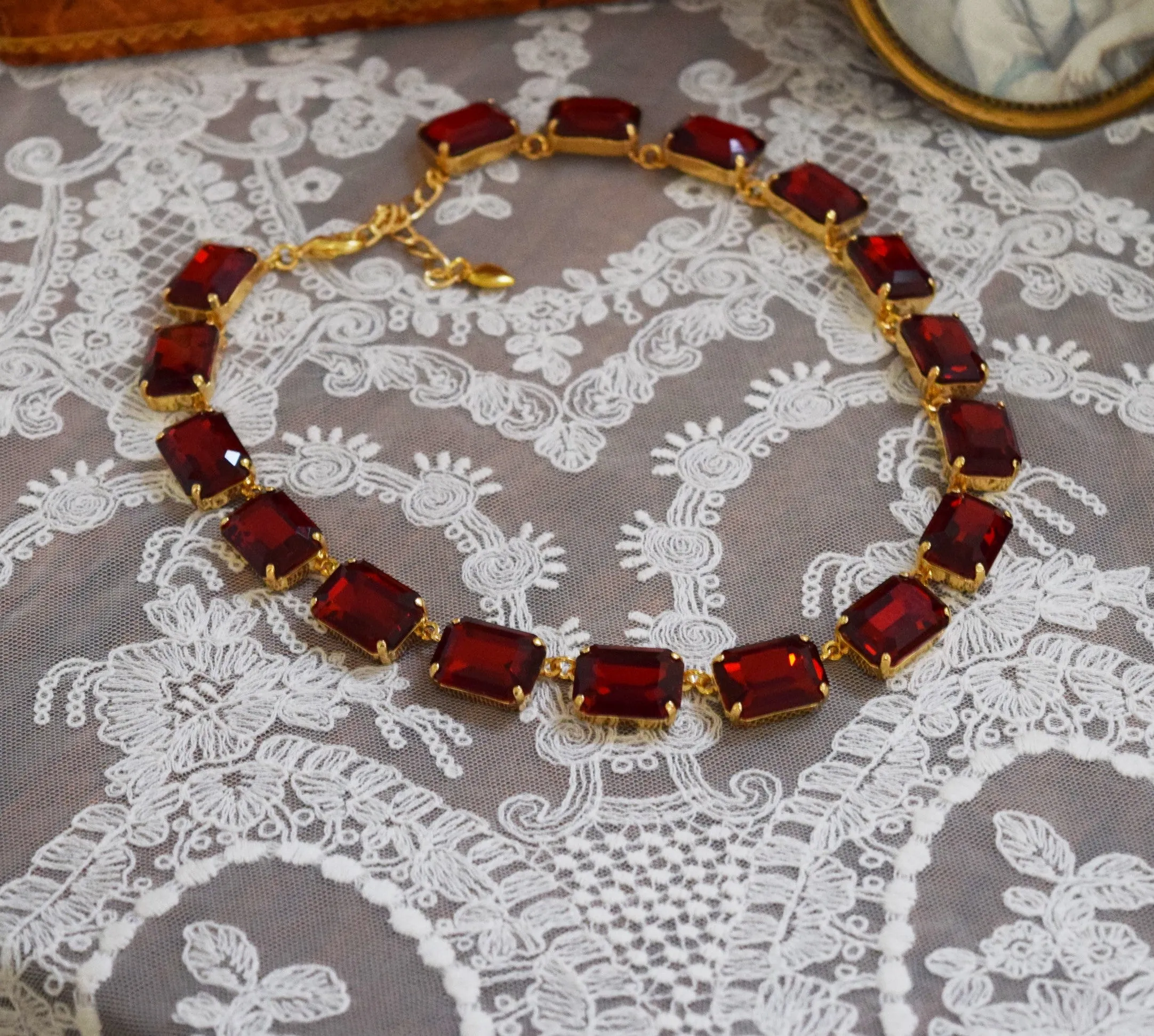 Ruby Red Aurora Crystal Collet Necklace - Large Octagon