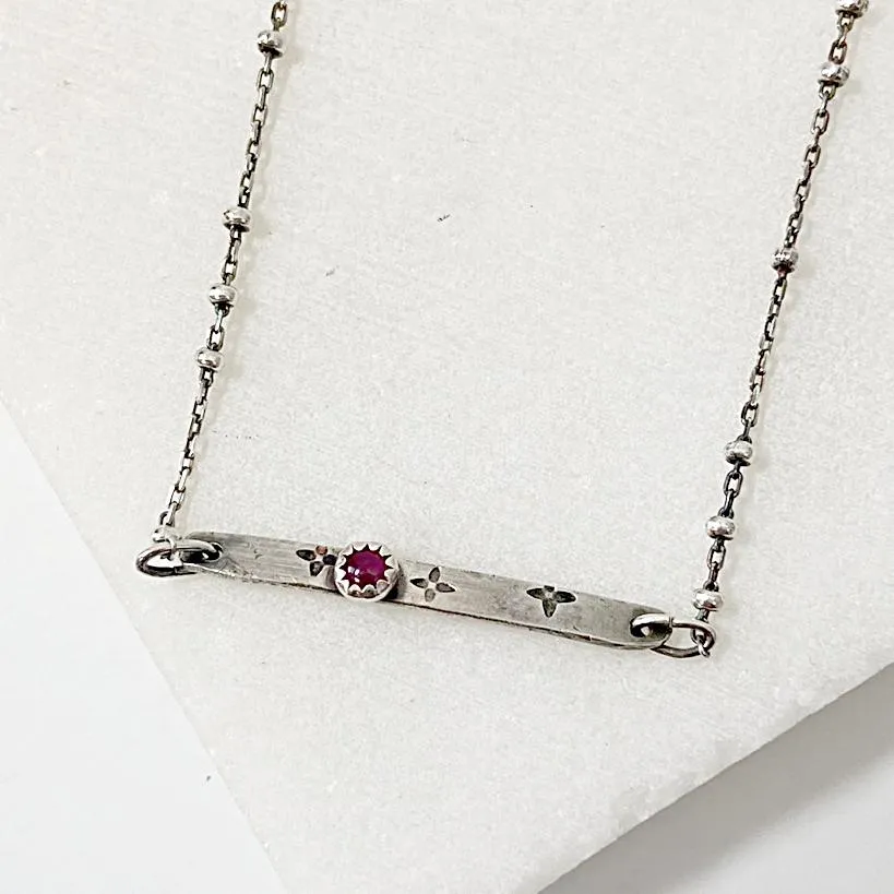 Ruby Silver Bar Necklace, Fringe Necklace Ruby Zoisite Gem Necklace, Tag Necklace