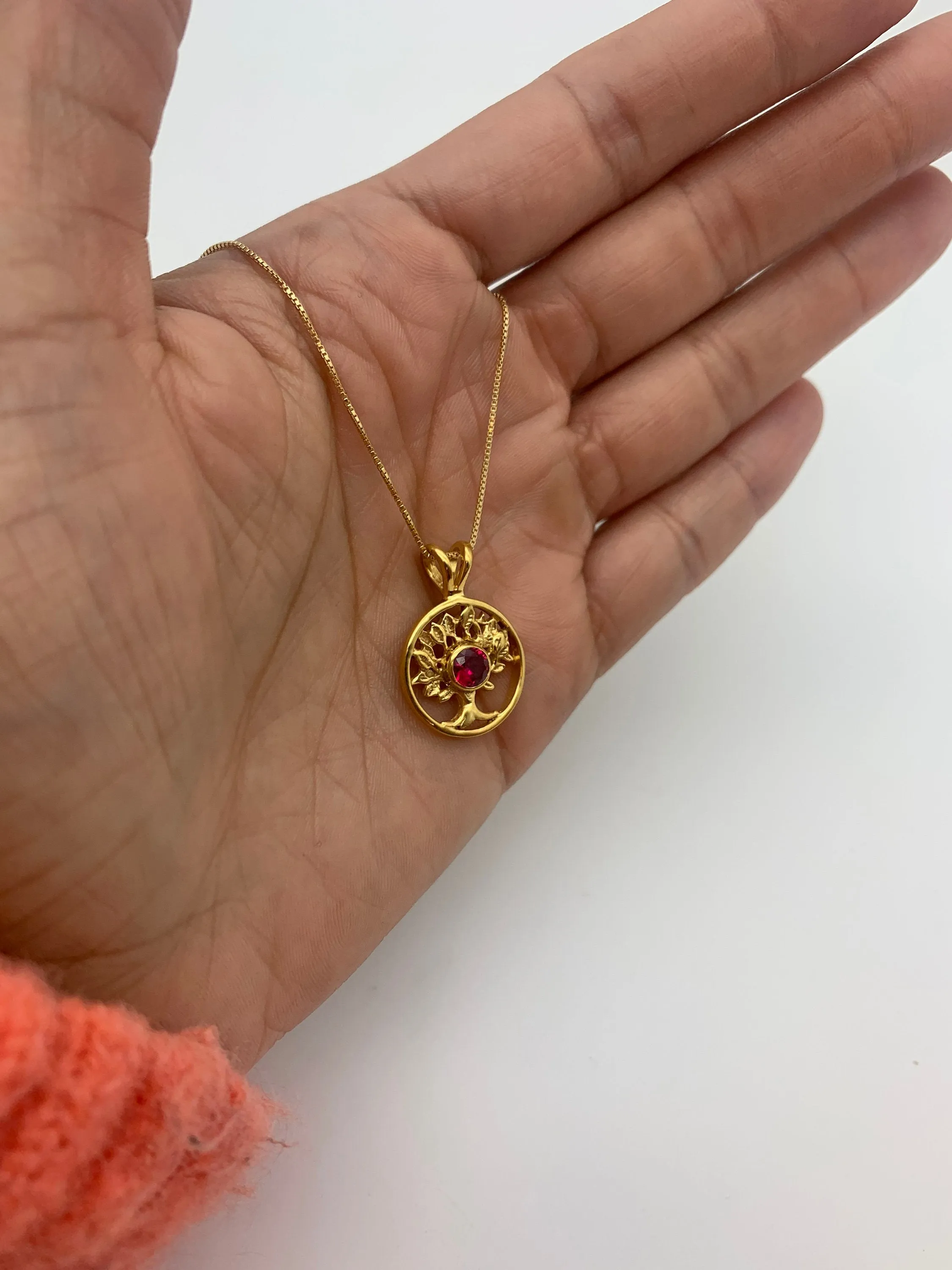 Ruby Tree of Life Pendant - Gold Tree of Life Necklace, July Birthstone Necklace