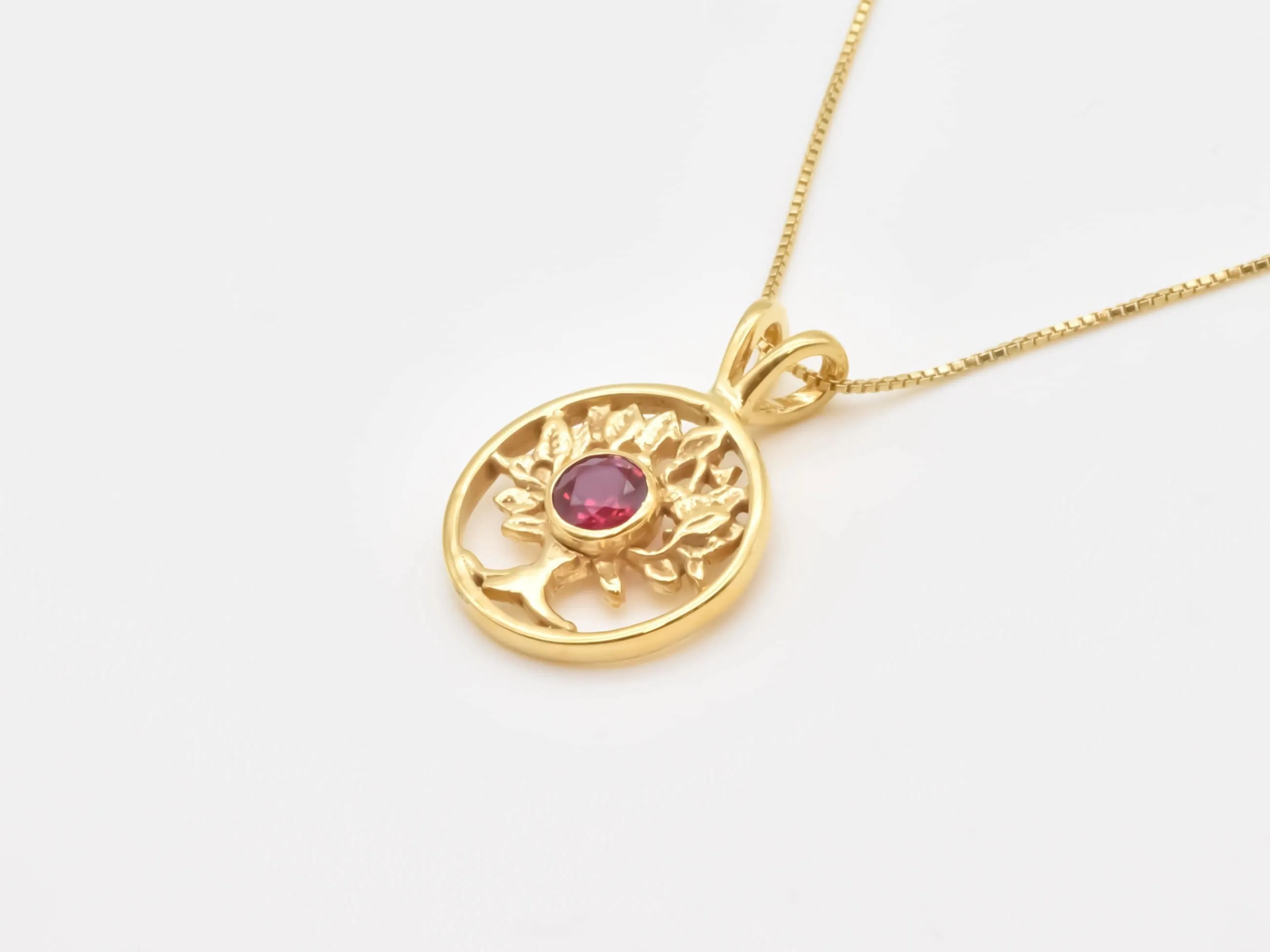 Ruby Tree of Life Pendant - Gold Tree of Life Necklace, July Birthstone Necklace