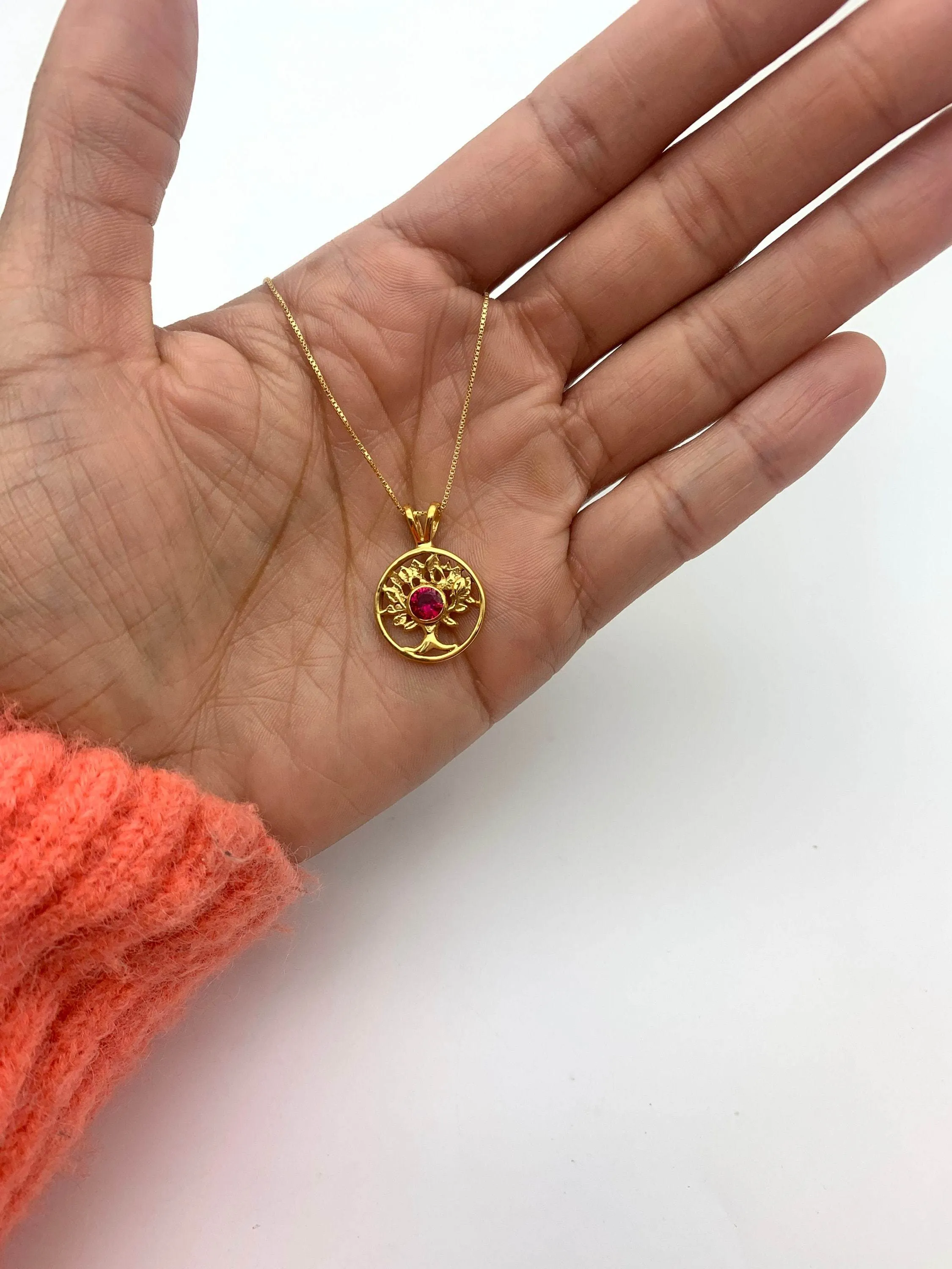 Ruby Tree of Life Pendant - Gold Tree of Life Necklace, July Birthstone Necklace