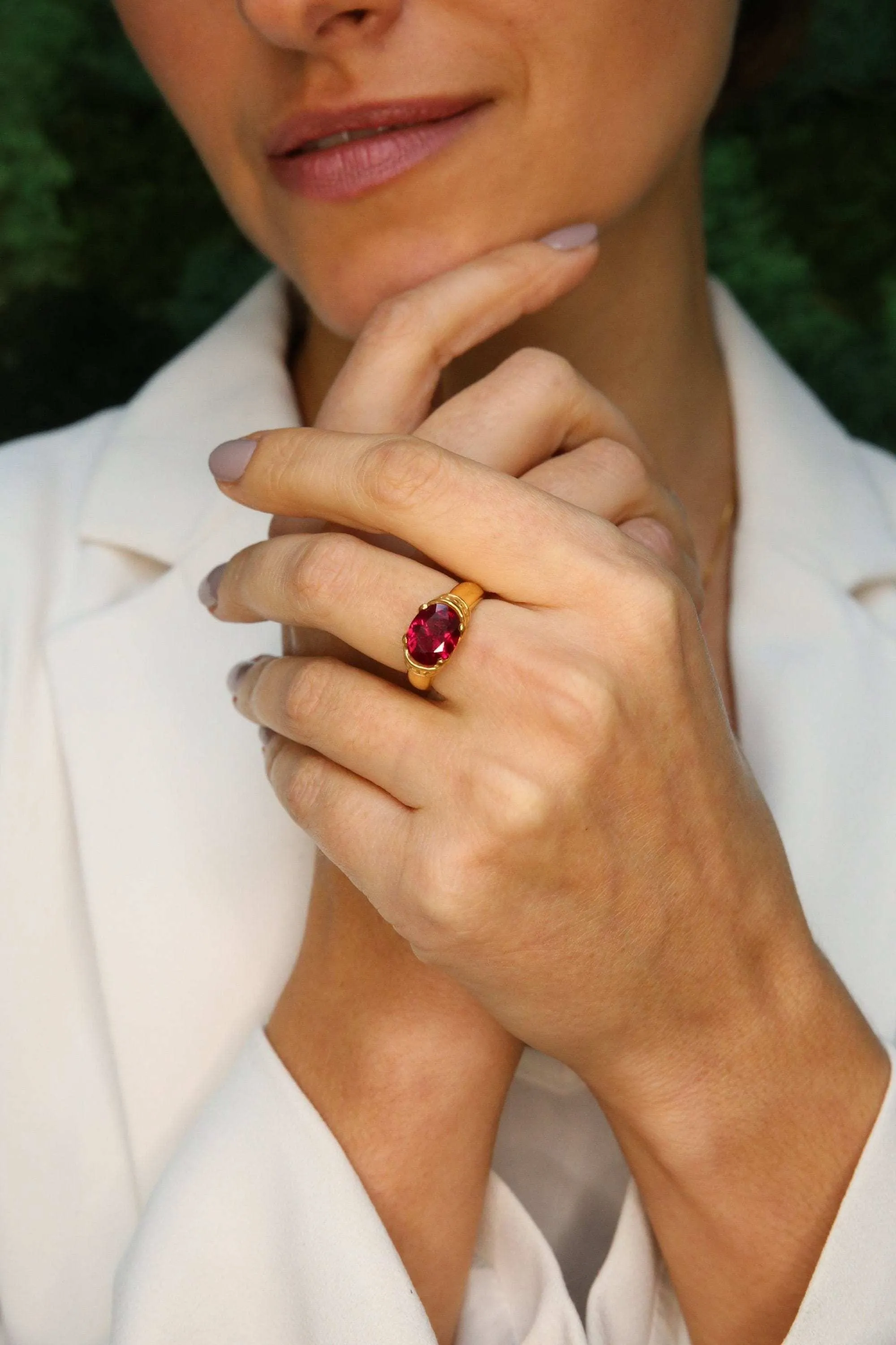 Ruby Wide Gold Band - Boho Gold Ring - Red Gemstone Ring