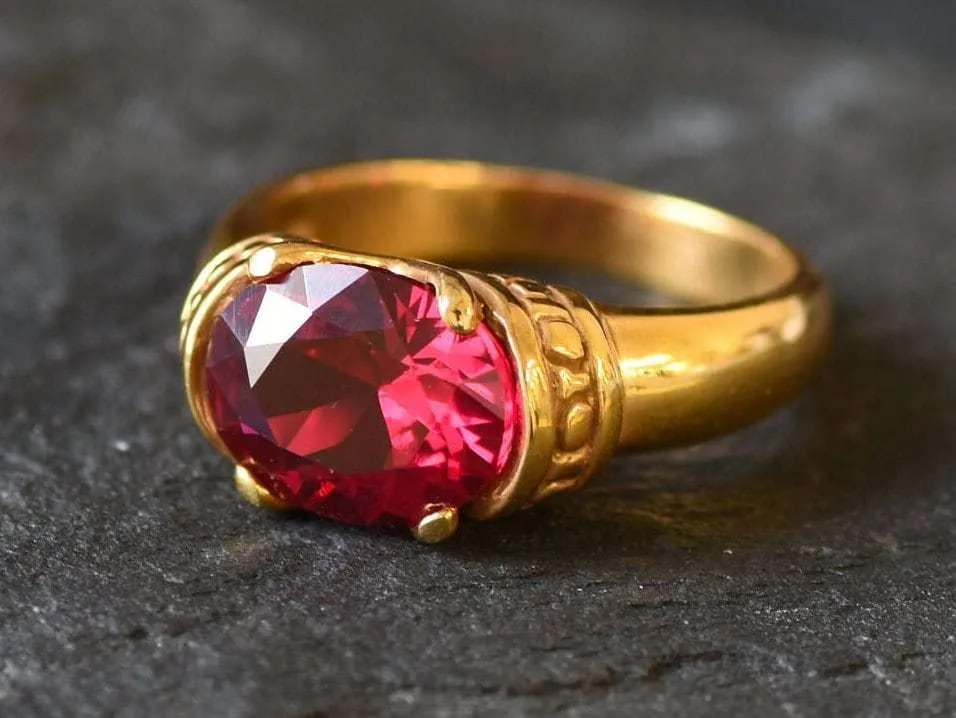 Ruby Wide Gold Band - Boho Gold Ring - Red Gemstone Ring