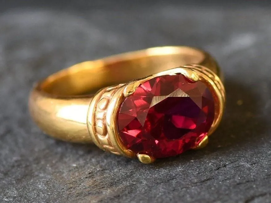 Ruby Wide Gold Band - Boho Gold Ring - Red Gemstone Ring