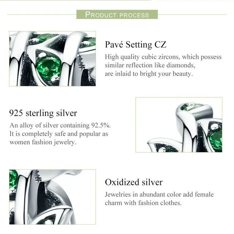 S925 Silver Emerald Green Grass Charm Beads For Bracelet