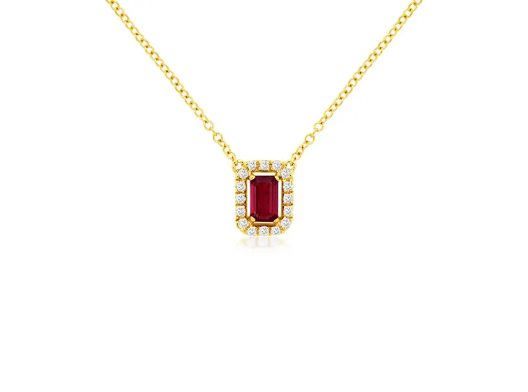 Sabel Collection Yellow Gold Ruby and Round Diamond Halo Pendant