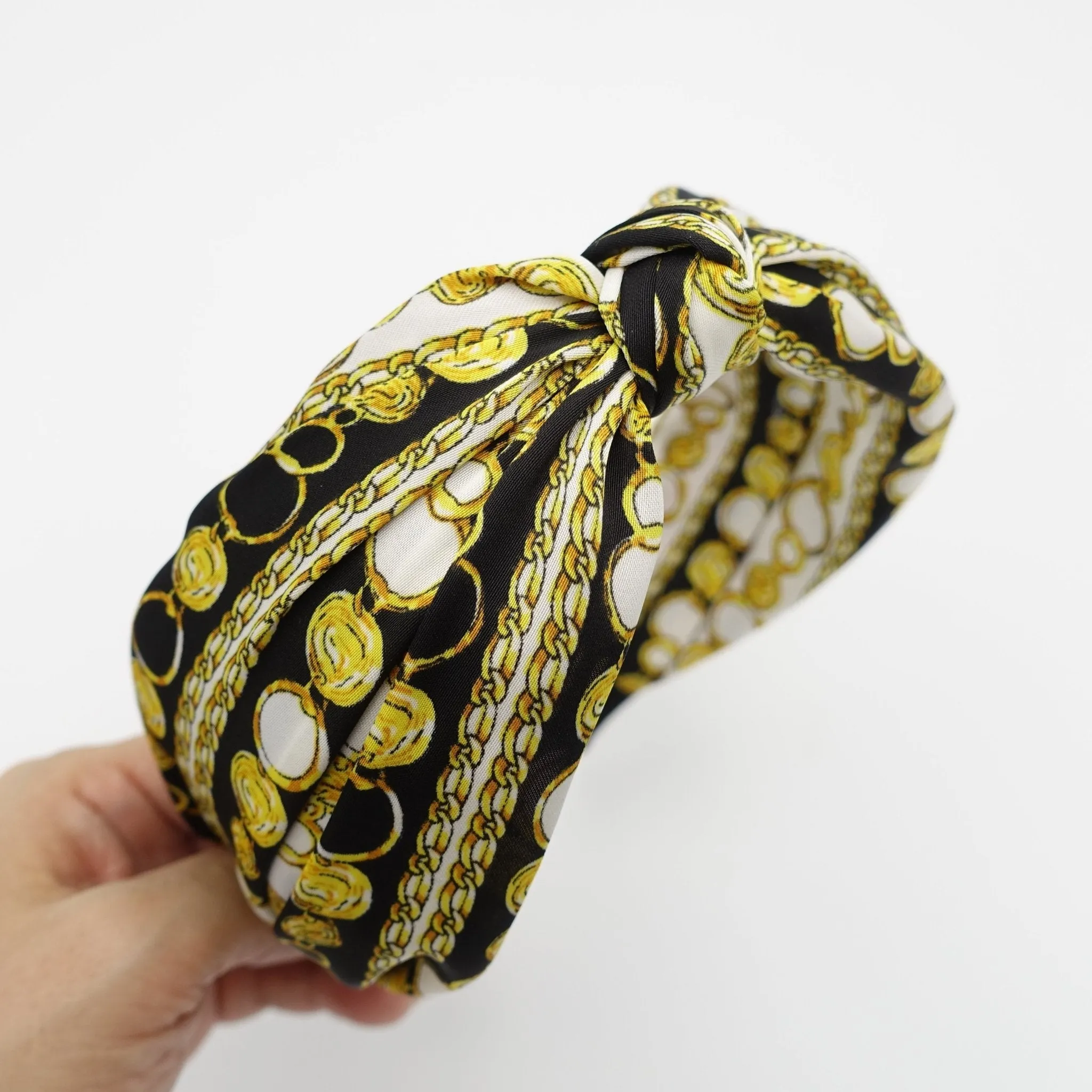 satin golden chain print knot headband stylish womens knotted hairband