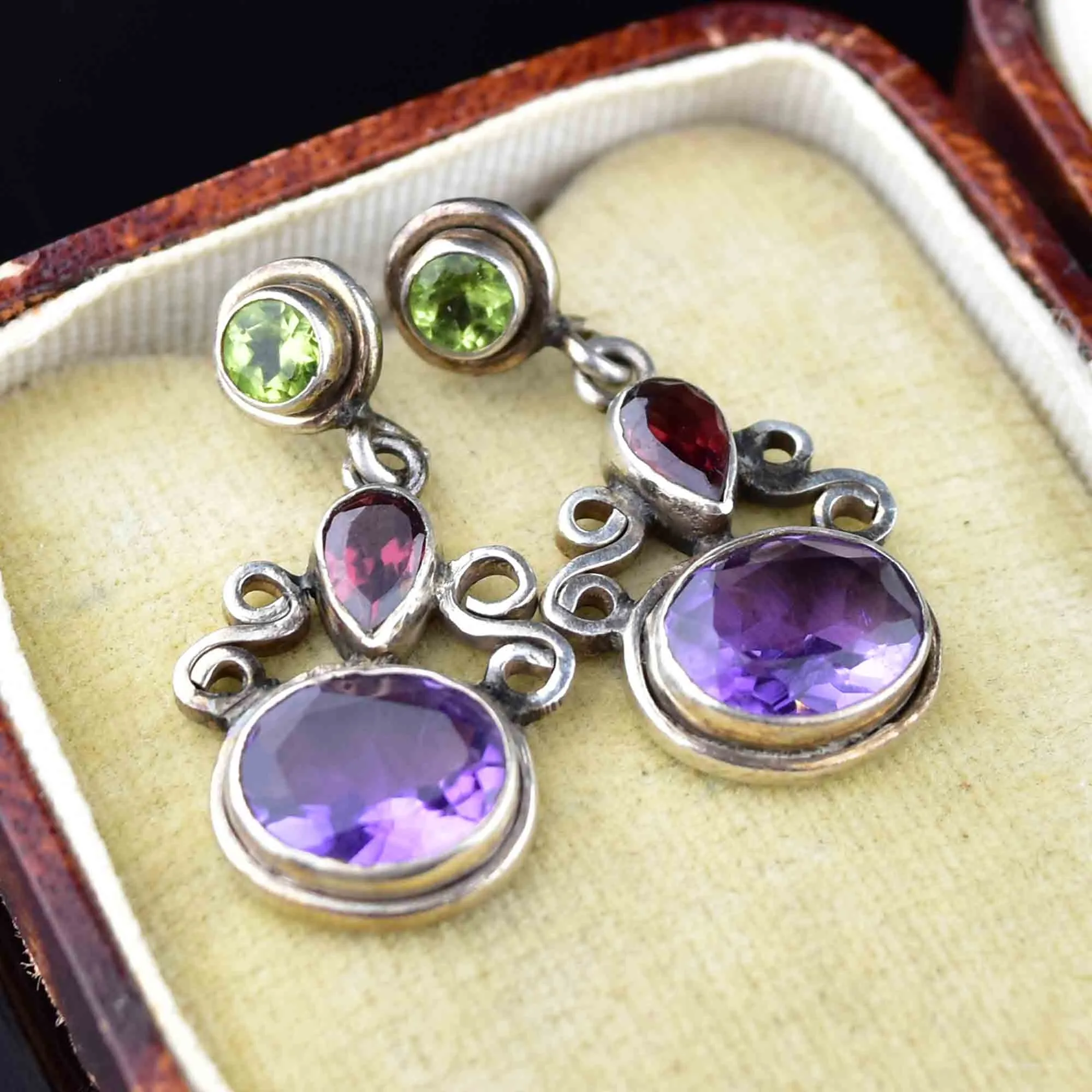 Silver Amethyst Peridot Garnet Post Drop Earrings