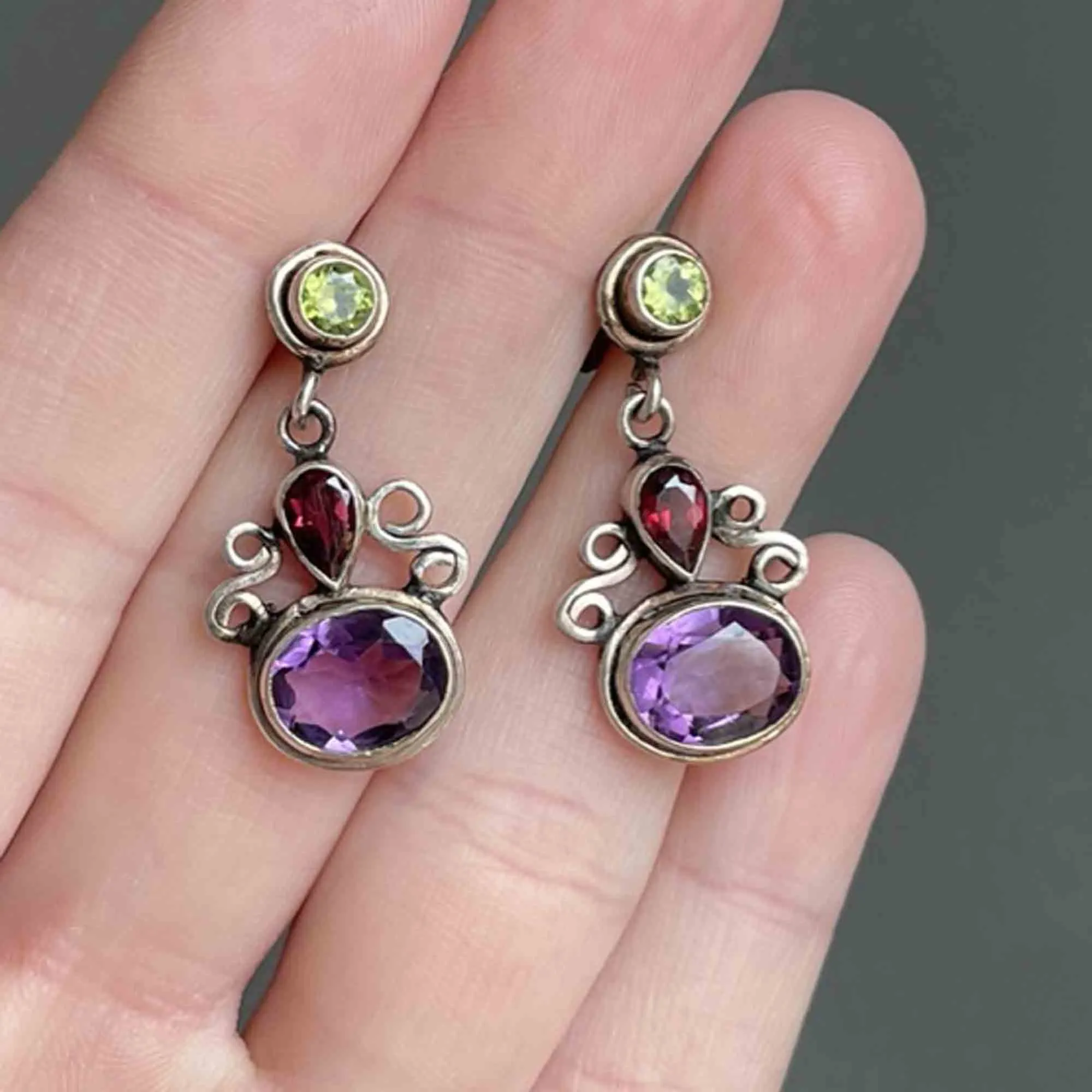 Silver Amethyst Peridot Garnet Post Drop Earrings