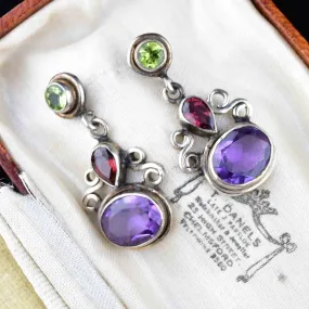 Silver Amethyst Peridot Garnet Post Drop Earrings