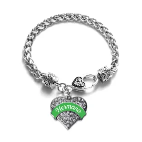 Silver Hermana - Emerald Green Pave Heart Charm Braided Bracelet