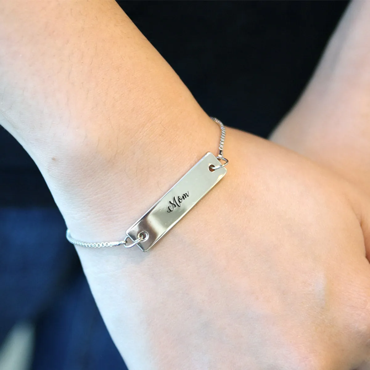 Silver Mom - Script Adjustable Bar Bracelet