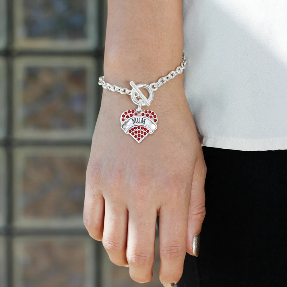 Silver Mum Red Red Pave Heart Charm Toggle Bracelet