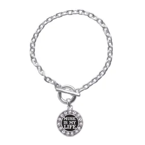 Silver Music Is My Life Circle Charm Toggle Bracelet