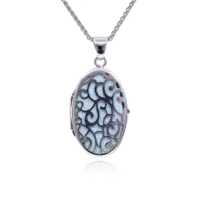 SILVER OVAL FILIGREE BLUE LOCKET NECKLACE